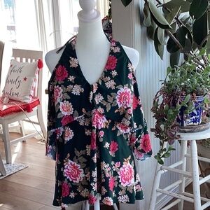 Floral Halter Neck Top - Green and Pink